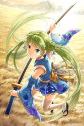Rule 34 | 1girl, blue eyes, blue kimono, blue sleeves, bow, braid, closed mouth, commentary request, detached sleeves, double bun, floral print, full body, green hair, hair bun, holding, holding sword, holding weapon, japanese clothes, katana, kimono, long hair, looking at viewer, mountain, natsuya (kuttuki), print kimono, rose print, sandals, short kimono, sleeveless, sleeveless kimono, smile, solo, sword, tabi, thighhighs, twintails, venus blade, very long hair, weapon, wheat field, yellow bow, zouri