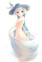 Rule 34 | 1girl, bad id, bad pixiv id, blue hair, blush, female focus, hat, hidaka kouyou, highres, hinanawi tenshi, looking at viewer, nude, red eyes, simple background, smile, solo, touhou, white background