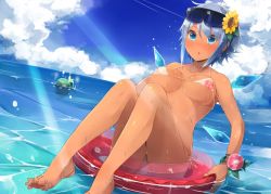Rule 34 | 2girls, aged up, bare arms, bare legs, bare shoulders, barefoot, bikini, blue eyes, blue hair, blue sky, breasts, cirno, cloud, cloudy sky, collarbone, commentary request, daiyousei, day, eyewear on head, feet, flower, green hair, hair flower, hair ornament, hair ribbon, halterneck, ice, ice wings, innertube, looking at viewer, medium breasts, micro bikini, morning glory, multiple girls, outdoors, ribbon, shin (new), sitting, sky, summer, sunflower, sunglasses, sunlight, swim ring, swimsuit, tan, tanned cirno, touhou, underboob, wet, white bikini, wings, yellow ribbon
