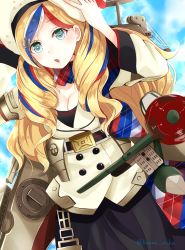 Rule 34 | 10s, 1girl, aircraft, airplane, anchor hair ornament, bad id, bad pixiv id, beret, blonde hair, blue eyes, blue hair, breasts, cleavage, commandant teste (kancolle), hair ornament, hairclip, hat, kanna (horntp), kantai collection, long hair, machinery, matching hair/eyes, multicolored hair, open mouth, red hair, scarf, solo, streaked hair, twitter username