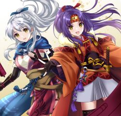 Rule 34 | 2girls, :d, bandages, black gloves, blue scarf, breasts, chest sarashi, commentary request, fingerless gloves, fire emblem, fire emblem: radiant dawn, fire emblem heroes, gloves, highres, japanese clothes, kakiko210, kimono, long hair, looking at viewer, medium breasts, micaiah (fire emblem), micaiah (ninja) (fire emblem), multiple girls, ninja, nintendo, official alternate costume, official alternate hairstyle, open mouth, ponytail, purple hair, sanaki kirsch altina, sanaki kirsch altina (ninja), sarashi, scarf, shuriken, smile, weapon, white hair, yellow eyes