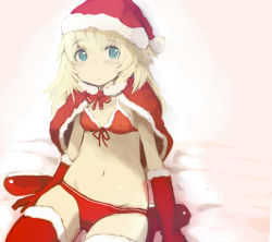 Rule 34 | 1girl, :c, blonde hair, blue eyes, blush, boots, bra, capelet, christmas, elbow gloves, eyebrows, front-tie top, fur trim, gloves, gradient background, groin, hat, helma lennartz, highres, izuoku, long hair, navel, panties, red bra, red footwear, red gloves, red panties, red ribbon, red thighhighs, ribbon, santa boots, santa costume, santa hat, sitting, solo, strike witches, strike witches: suomus misfits squadron, thigh boots, thighhighs, underwear, world witches series