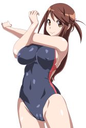 Rule 34 | 10s, 1girl, absurdres, breasts, brown hair, cameltoe, competition swimsuit, covered erect nipples, highres, iida nana, incredibly absurdres, large breasts, long hair, looking at viewer, one-piece swimsuit, rail wars!, sideboob, solo, stretching, swimsuit, tagme