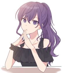 Rule 34 | 1girl, asahina mafuyu, black shirt, commentary request, hands up, long hair, looking at viewer, off-shoulder shirt, off shoulder, parted lips, ponytail, project sekai, purple eyes, purple hair, shirt, sidelocks, solo, suiu, upper body, white background