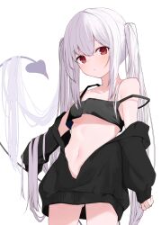 Rule 34 | 1girl, absurdres, bare shoulders, black camisole, black jacket, breasts, camisole, collarbone, commentary request, demon tail, highres, jacket, long hair, long sleeves, memekko, navel, off shoulder, open clothes, open jacket, original, puffy long sleeves, puffy sleeves, red eyes, simple background, sleeves past fingers, sleeves past wrists, small breasts, solo, standing, strap slip, tail, twintails, very long hair, white background, white hair