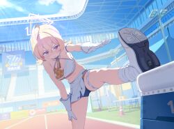 Rule 34 | 1girl, absurdres, ahoge, artist request, bike shorts, bike shorts under skirt, blonde hair, blue archive, blurry, blurry background, blush, braid, breasts, cheerleader, cleavage, cone, embarrassed, frown, game cg, gloves, halo, halterneck, highres, kotori (blue archive), kotori (cheer squad) (blue archive), leg up, looking at viewer, medium breasts, millennium cheerleader outfit (blue archive), muffin top, non-web source, official art, outdoors, plump, reaching, red eyes, running track, shoe soles, shoes, short twintails, skirt, sneakers, solo, stadium, stretching, tearing up, thigh strap, thighs, triangle halo, twintails, white footwear, white gloves, white skirt, yellow halo