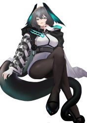 Rule 34 | 1girl, absurdres, aqua nails, arknights, black footwear, breasts, collar, covered navel, dress, fingerless gloves, gloves, green eyes, grey hair, greyscale, head wings, high heels, highres, ho&#039;olheyak (arknights), hood, hood down, infection monitor (arknights), invisible chair, large breasts, long sleeves, looking at viewer, monochrome, nail polish, pantyhose, parted lips, short dress, short hair, simple background, sitting, smile, snake tail, solo, tail, underbust, white background, white dress, white gloves, wings, xiaobei