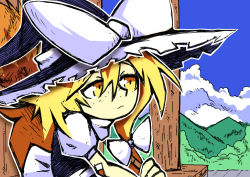 Rule 34 | 1girl, apron, bandaid, bandaid on arm, black vest, blonde hair, blue sky, broom, cloud, commentary, day, english commentary, forest, frown, hair between eyes, hat, hat ribbon, holding, holding broom, kirisame marisa, long hair, looking to the side, mountain, nature, outdoors, outline, puffy short sleeves, puffy sleeves, ribbon, setz, short sleeves, sitting, sky, solo, touhou, upper body, very long hair, vest, waist apron, witch hat, yellow eyes