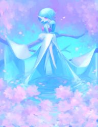 Rule 34 | bob cut, cherry blossoms, colored skin, creatures (company), dress, falling petals, game freak, gardevoir, gen 3 pokemon, green hair, hair over one eye, highres, looking at viewer, misubaru rin, multicolored skin, nintendo, petals, pink eyes, pokemon, pokemon (creature), ripples, sitting on branch, tree, two-tone skin, white dress, white skin
