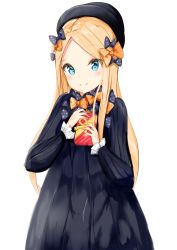 Rule 34 | 1girl, abigail williams (fate), absurdres, black bow, black dress, black hat, blonde hair, blue eyes, blush, bow, box, closed mouth, commentary request, dress, fate/grand order, fate (series), forehead, gift, gift box, hair bow, hat, highres, holding, holding gift, long hair, long sleeves, multiple hair bows, orange bow, parted bangs, polka dot, polka dot bow, simple background, sleeves past wrists, smile, solo, valentine, very long hair, white background, yukaa