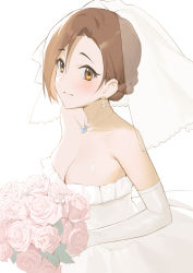 Rule 34 | 1girl, absurdres, bare shoulders, blush, bouquet, breasts, bridal veil, brown eyes, brown hair, cleavage, closed mouth, collarbone, dress, earrings, elbow gloves, flower, frilled dress, frills, gloves, highres, holding, holding bouquet, idolmaster, idolmaster cinderella girls, jewelry, looking at viewer, medium breasts, mizuki seira, necklace, onao, pink flower, pink rose, rose, short hair, smile, solo, strapless, strapless dress, veil, wedding dress, white dress, white gloves