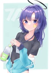 Rule 34 | 1girl, black shirt, blue archive, blue jacket, blush, border, bottle, breasts, closed mouth, collarbone, commentary request, cowboy shot, facial mark, hair between eyes, halo, highres, holding, holding bottle, id card, jacket, lanyard, long hair, mechanical halo, medium breasts, noko (nco029685627), official alternate costume, partially unzipped, ponytail, purple eyes, purple hair, shirt, short sleeves, solo, star (symbol), track jacket, white border, yuuka (blue archive), yuuka (track) (blue archive)