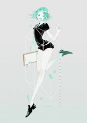 Rule 34 | 1other, ajimita, androgynous, aqua nails, arched back, black footwear, black shorts, character name, clipboard, full body, green eyes, green hair, hand up, holding, holding clipboard, houseki no kuni, loafers, looking at viewer, nail polish, open mouth, phosphophyllite, shoes, short hair, shorts, sidelocks, smile, solo, teeth