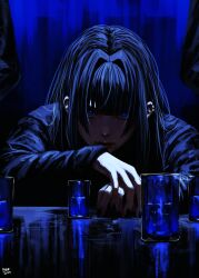 Rule 34 | 1girl, absurdres, alternate costume, black hair, black shirt, blue background, blue eyes, blue hair, blue shirt, blue theme, cup, dated, drinking glass, highres, holocouncil, hololive, hololive english, long hair, looking at viewer, multicolored hair, ouro kronii, shirt, shot glass, signature, steb, streaked hair, upper body, virtual youtuber