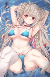 Rule 34 | 1girl, :t, ahoge, aircraft, airplane, armpits, arms up, azur lane, bikini, blue bikini, blush, braid, braided bun, breasts, burning, chicami, choker, cleavage, closed mouth, commentary, cowboy shot, embers, eyelashes, fire, formidable (azur lane), formidable (the lady of the beach) (azur lane), from above, furrowed brow, hair bun, long hair, looking at viewer, lying on water, m legs, medium breasts, navel, official alternate costume, pout, red choker, red eyes, side braids, sidelocks, silver hair, single thighhigh, solo, stomach, string bikini, swimsuit, tearing up, tears, thighhighs, twintails, water, white thighhighs