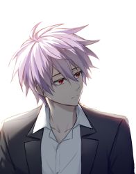 Rule 34 | 1boy, black jacket, closed mouth, collared shirt, commentary request, frown, hair between eyes, jacket, korean commentary, male focus, open clothes, open collar, open jacket, purple hair, red eyes, saibou shinkyoku, sanpaku, shirt, solo, suit jacket, sukihome, theodore riddle, white background, white shirt