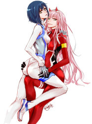 Rule 34 | 2girls, ass grab, blue hair, darling in the franxx, green eyes, highres, holding hands, ichigo (darling in the franxx), long hair, looking at viewer, multiple girls, official alternate costume, pink hair, plugsuit, ratana satis, short hair, signature, simple background, white background, yuri, zero two (darling in the franxx)