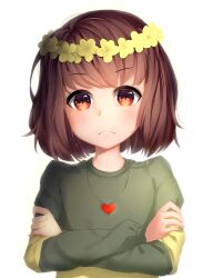 Rule 34 | 1other, absurdres, artist name, blush, brown hair, chara (undertale), closed mouth, commentary, crossed arms, english commentary, flower, green sweater, hands up, head wreath, heart, heart necklace, highres, jewelry, long sleeves, looking at viewer, necklace, puffy long sleeves, puffy sleeves, red eyes, sasoura, short hair, simple background, single stripe, solo, standing, striped clothes, striped sweater, sweater, undertale, v-shaped eyebrows, white background, yellow flower