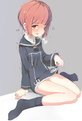 Rule 34 | 10s, 1girl, blush, brown eyes, brown hair, clothes lift, dress, dress lift, kantai collection, looking at viewer, no headwear, open mouth, ripu (lipi), sailor collar, sailor dress, short hair, simple background, sitting, solo, trembling, z3 max schultz (kancolle)