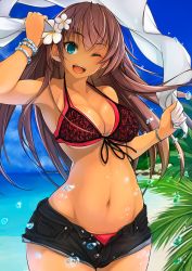 Rule 34 | .sin, 1girl, ;d, aqua eyes, armpits, bare arms, bare shoulders, bead bracelet, beads, bikini, bikini tan, bikini under clothes, black shorts, blue sky, bracelet, breasts, brown hair, cleavage, cloud, cloudy sky, collarbone, commentary request, cowboy shot, day, denim, denim shorts, eyelashes, flower, front-tie bikini top, front-tie top, hair flower, hair ornament, happy, highres, holding, jewelry, lace bikini, large breasts, legs together, long hair, looking at viewer, micro shorts, navel, ocean, one eye closed, open clothes, open fly, open mouth, open shorts, original, outdoors, red bikini, short shorts, shorts, sideboob, sky, smile, solo, swimsuit, tan, tanline, water drop, white flower, wide hips