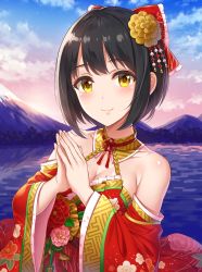 Rule 34 | 1girl, backlighting, bare shoulders, black hair, blue sky, bow, breasts, cleavage, collarbone, detached sleeves, fingernails, flower, frilled bow, frills, hair bow, hair flower, hair ornament, halterneck, highres, idolmaster, idolmaster cinderella girls, japanese clothes, kimono, lake, lips, long sleeves, looking at viewer, medium breasts, morning, mountain, mountainous horizon, own hands together, red bow, red kimono, shiny skin, short hair, sky, solo, sunlight, sunrise, takafuji kako, tareme, upper body, wide sleeves, yellow eyes, yuuhi (ages)