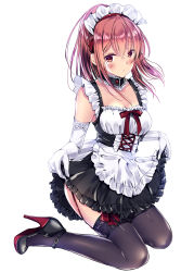 Rule 34 | 1girl, apron, bad id, bad pixiv id, bare shoulders, black dress, black thighhighs, breasts, choker, commentary request, dress, elbow gloves, frilled choker, frilled dress, frills, frown, garter straps, gloves, high heels, highres, kneeling, kobayashi chisato, long hair, looking at viewer, maid, maid apron, maid headdress, medium breasts, original, red eyes, red hair, simple background, sleeveless, sleeveless dress, solo, thighhighs, white background, white gloves
