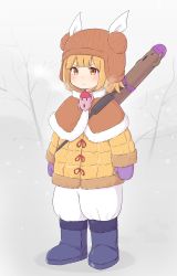 Rule 34 | 1girl, adapted costume, arms at sides, bare tree, black footwear, blonde hair, blunt bangs, blurry, blurry background, blush, boots, breath, brown capelet, brown hat, capelet, coat, day, double bun, duffel coat, hair bun, haniwa (statue), hat, hat ribbon, highres, joutouguu mayumi, kanpa (campagne 9), knit hat, light frown, looking to the side, mittens, outdoors, pants, puffy pants, purple mittens, ribbon, short hair, snow, solo, standing, touhou, tree, white pants, winter, winter clothes, winter coat, yellow coat, yellow eyes
