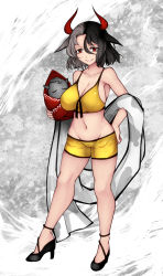 Rule 34 | 1girl, absurdres, animal ears, animal print, aoshima, bare legs, bare shoulders, black footwear, black hair, black ribbon, breasts, cleavage, collarbone, commentary request, cow ears, cow horns, cow print, crop top, full body, grey background, grey hair, grin, groin, hair between eyes, hand on own hip, high heels, highres, holding, horns, large breasts, looking at viewer, midriff, multicolored hair, navel, off shoulder, red eyes, ribbon, shawl, short hair, short shorts, shorts, smile, solo, spaghetti strap, split-color hair, sports bra, standing, stomach, thighs, touhou, two-tone hair, ushizaki urumi, yellow shorts