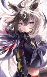Rule 34 | 1girl, absurdres, ahoge, animal ears, arm under breasts, armor, belt, black dress, black gloves, black jacket, black shorts, blue eyes, breasts, brown hair, closed mouth, commentary request, cowboy shot, dress, duramente (umamusume), feathers, gloves, hand on own chest, highres, holding own arm, horse ears, horse girl, horseshoe, jacket, large breasts, long hair, long sleeves, multicolored hair, shorts, shoulder armor, solo, standing, streaked hair, thigh strap, tsurubami (gaad5227), umamusume, very long hair, white hair