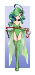 Rule 34 | 1girl, absurdres, aged up, breasts, cape, cleavage, closed mouth, detached sleeves, earrings, final fantasy, final fantasy iv, full body, green eyes, green hair, green leotard, hair ornament, highres, jewelry, leotard, long hair, looking at viewer, medium breasts, rydia (ff4), smile, solo, thetidrimaster, thighhighs, whip