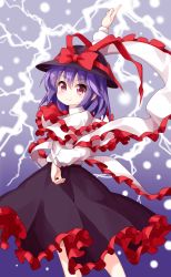 Rule 34 | &gt;:), 1girl, black skirt, blue background, bow, commentary request, cowboy shot, frills, gradient background, hand on own hip, hat, hat bow, highres, long sleeves, looking at viewer, nagae iku, pink eyes, purple hair, red bow, ruu (tksymkw), shawl, shirt, skirt, smile, solo, standing, touhou, v-shaped eyebrows, white shirt