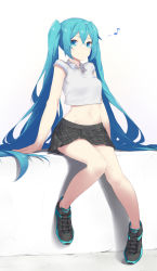 Rule 34 | 1girl, alternate costume, aqua eyes, aqua hair, arms at sides, bare legs, black footwear, black skirt, breasts, casual, closed mouth, collared shirt, crop top, eighth note, fhang, full body, grey shirt, hatsune miku, highres, leg up, long hair, looking at viewer, medium breasts, midriff, miniskirt, musical note, navel, no socks, plaid, plaid skirt, pleated skirt, shirt, shoes, short sleeves, simple background, sitting, skirt, smile, sneakers, solo, stomach, very long hair, vocaloid, white background, wing collar