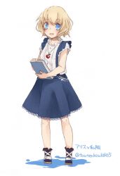 Rule 34 | 1girl, alice margatroid, alternate costume, blonde hair, blue eyes, book, character name, contemporary, full body, highres, jewelry, looking at viewer, necklace, open mouth, sandals, shirt, short hair, short sleeves, simple background, skirt, smile, socks, solo, suspender skirt, suspenders, text focus, touhou, toutenkou, twitter username, white background