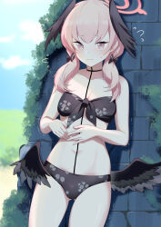 Rule 34 | 1girl, absurdres, bare shoulders, bikini, black bikini, black wings, blue archive, blue sky, blush, bow, breasts, brick wall, closed mouth, collarbone, feathered wings, hair bow, halo, head wings, highres, koharu (blue archive), koharu (swimsuit) (blue archive), long hair, looking at viewer, low twintails, low wings, oxygen mask (oxygenmask233), pink eyes, pink hair, sky, small breasts, solo, spaghetti strap, swimsuit, thighs, twintails, wings