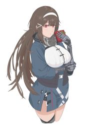 Rule 34 | 1girl, absurdres, blue jacket, blush, breasts, brown hair, closed mouth, commentary request, cowboy shot, embarrassed, gift, girls&#039; frontline, grey background, hairband, highres, holding, holding gift, jacket, js 9 (girls&#039; frontline), lamniku0, large breasts, long hair, looking at viewer, mechanical arms, mole, mole under eye, red eyes, sidelocks, simple background, solo, standing, white hairband