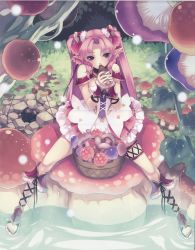 Rule 34 | 1girl, absurdres, agarest senki, agarest senki (series), agarest senki zero, alice (agarest senki zero), basket, boots, corset, dress, eating, elf, fantasy, forest, highres, hirano katsuyuki, mushroom, nature, official art, pink hair, pointy ears, purple eyes, sexually suggestive, sitting, skirt, solo, twintails, water