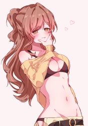Rule 34 | 1girl, absurdres, bang dream!, belt, black belt, black bra, black panties, blush, bra, breasts, brown hair, commentary request, half updo, hand on own chin, heart, highres, imai lisa, lifting own clothes, long hair, looking at viewer, medium breasts, meu203, navel, panties, parted lips, simple background, solo, stomach, sweater, underwear, white background, yellow eyes, yellow sweater
