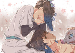 Rule 34 | 1boy, 1girl, black hair, blood, blood from mouth, blood on face, blue hair, blue sash, blush, butterfly hair ornament, collarbone, commentary request, couple, covering face, crying, eyelashes, falling petals, farx, floral background, gradient hair, hair ornament, hashibira inosuke, injury, kanzaki aoi (kimetsu no yaiba), kimetsu no yaiba, lap pillow, long sleeves, looking at another, mask, unworn mask, medium hair, multicolored hair, open mouth, pectorals, petals, sash, school uniform, sidelocks, sitting, teardrop, tears, two side up