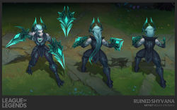 Rule 34 | 1girl, armor, armored boots, artist name, bare shoulders, boots, breasts, character name, colored skin, copyright name, green hair, grey eyes, grey hair, grey skin, large breasts, league of legends, long hair, multiple views, official alternate costume, outdoors, ruined shyvana, shyvana, standing, vegacolors, weapon