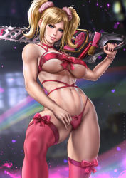 Rule 34 | 1girl, bare shoulders, blonde hair, blue eyes, breasts, candy, dandon fuga, food, highres, juliet starling, large breasts, lollipop, lollipop chainsaw, long hair, looking at viewer, midriff, nail polish, pink ribbon, pink thighhighs, pinup (style), ribbon, solo, thighhighs, toned, twintails