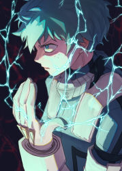 Rule 34 | 1boy, bodysuit, boku no hero academia, closed mouth, commentary request, electricity, freckles, full cowling (boku no hero academia), gloves, green bodysuit, green eyes, green hair, hand up, male focus, midoriya izuku, short hair, solo, unou (unou mha), white gloves