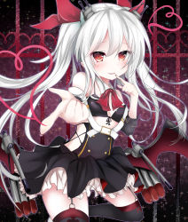 Rule 34 | 1girl, absurdres, azur lane, bare shoulders, bat wings, belt, belt buckle, bikini, bikini top only, black bikini, black dress, black thighhighs, blush, buckle, cannon, commentary request, detached collar, dress, fang, fang out, finger to mouth, fingernails, front-tie bikini top, front-tie top, garter straps, hair between eyes, hair ornament, hair ribbon, halterneck, heart, highres, kuromiko shoujo, long hair, long sleeves, looking at viewer, low wings, nail polish, outstretched arm, parted lips, pointing, pointing at viewer, red eyes, red nails, red ribbon, red wings, ribbon, silver hair, smile, solo, sparkle, standing, standing on one leg, swimsuit, thighhighs, torpedo, tsurime, twintails, vampire (azur lane), very long hair, white belt, wing collar, wings