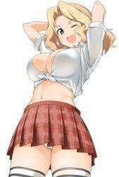Rule 34 | 1girl, arms behind head, arms up, blonde hair, blush, breasts, cleavage, cropped shirt, front-tie top, girls und panzer, green eyes, hair intakes, hatakenaka (kamagabuchi), highres, kay (girls und panzer), large breasts, long hair, looking at viewer, midriff, navel, one eye closed, open mouth, panties, parted bangs, plaid, plaid skirt, red skirt, shirt, simple background, skirt, smile, solo, thighhighs, thighs, underwear, upskirt, white background, white panties, white shirt, white thighhighs, wink