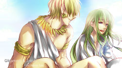 Rule 34 | 2boys, androgynous, armlet, bad id, bad pixiv id, blonde hair, blue eyes, earrings, enkidu (fate), fate/strange fake, fate/zero, fate (series), gilgamesh (fate), green hair, jewelry, long hair, male focus, multiple boys, necklace, toga, xxlegato