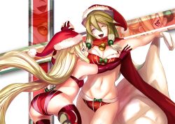 Rule 34 | 2girls, angelia avallone, aq interactive, arcana heart, ass, bag, bare shoulders, bell, blonde hair, blush, boots, bra, breasts, brown hair, christmas, elbow gloves, ere (2516325), examu, from behind, gloves, hat, height difference, inuwaka akane, long hair, looking at another, multiple girls, open mouth, panties, purple eyes, red eyes, santa costume, santa hat, scarf, small breasts, smile, thighhighs, underwear, very long hair, wink