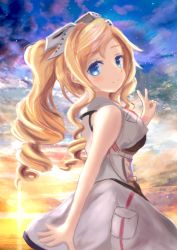 Rule 34 | 1girl, blonde hair, blue eyes, breast pocket, cloud, commentary request, cowboy shot, drill hair, faster crisis, headgear, honolulu (kancolle), kantai collection, long hair, looking at viewer, pocket, sleeveless, solo, star (sky), sunset, twin drills, v