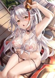 Rule 34 | 1girl, absurdres, armpits, azur lane, bikini, black bikini, black choker, blush, breasts, brown eyes, chair, choker, collared shirt, covered erect nipples, day, flag print, groin, hair between eyes, head tilt, highres, ks (xephyrks), large breasts, long hair, looking at viewer, lounge chair, multicolored hair, navel, nipples, open mouth, outdoors, pouring, prinz eugen (azur lane), prinz eugen (unfading smile) (azur lane), ribbon, shiny skin, shirt, short sleeves, side-tie bikini bottom, silver hair, sitting, solo, ssunlight, stomach, streaked hair, swimsuit, thighs, tied shirt, two side up, untied bikini, very long hair, wet, wet clothes, wet shirt, white shirt
