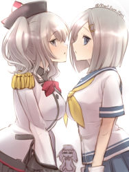 Rule 34 | 10s, 3girls, :o, blue eyes, blush, breast envy, breast press, breasts, caught, epaulettes, female focus, grey eyes, hair ornament, hairclip, hamakaze (kancolle), hat, imminent kiss, kantai collection, kashima (kancolle), kerchief, large breasts, looking at viewer, looking to the side, multiple girls, open mouth, pleated skirt, primary stage, ryuujou (kancolle), school uniform, serafuku, silver hair, skirt, symmetrical docking, twintails, twitter username, visor cap, wavy hair, yuri