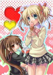 Rule 34 | 2girls, bad id, bad pixiv id, blonde hair, blue eyes, bow, brown hair, cat, flat chest, food, ice cream, kamikita komari, lennon, little busters!, long hair, mako (lovely panda house), mouth hold, multiple girls, natsume rin, pink bow, plaid, plaid skirt, ponytail, popsicle, red eyes, school uniform, short hair, skirt, sleeves past wrists