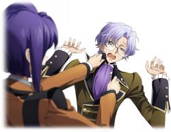 Rule 34 | 1boy, 1girl, adjusting another&#039;s clothes, artist request, ascot, blue eyes, blue hair, blurry, blurry foreground, cecile croomy, code geass, code geass: lost stories, cropped torso, double handjob, formal, frilled jacket, frilled sleeves, frills, game cg, glasses, green jacket, hair intakes, half-closed eye, handjob, hands up, highres, jacket, lloyd asplund, long sleeves, looking at another, military uniform, nervous, non-web source, official art, open mouth, orange jacket, purple ascot, purple hair, semi-rimless eyewear, shirt, short hair, sidelocks, simple background, solo focus, standing, sweat, transparent background, uneven eyes, uniform, upper body, white shirt